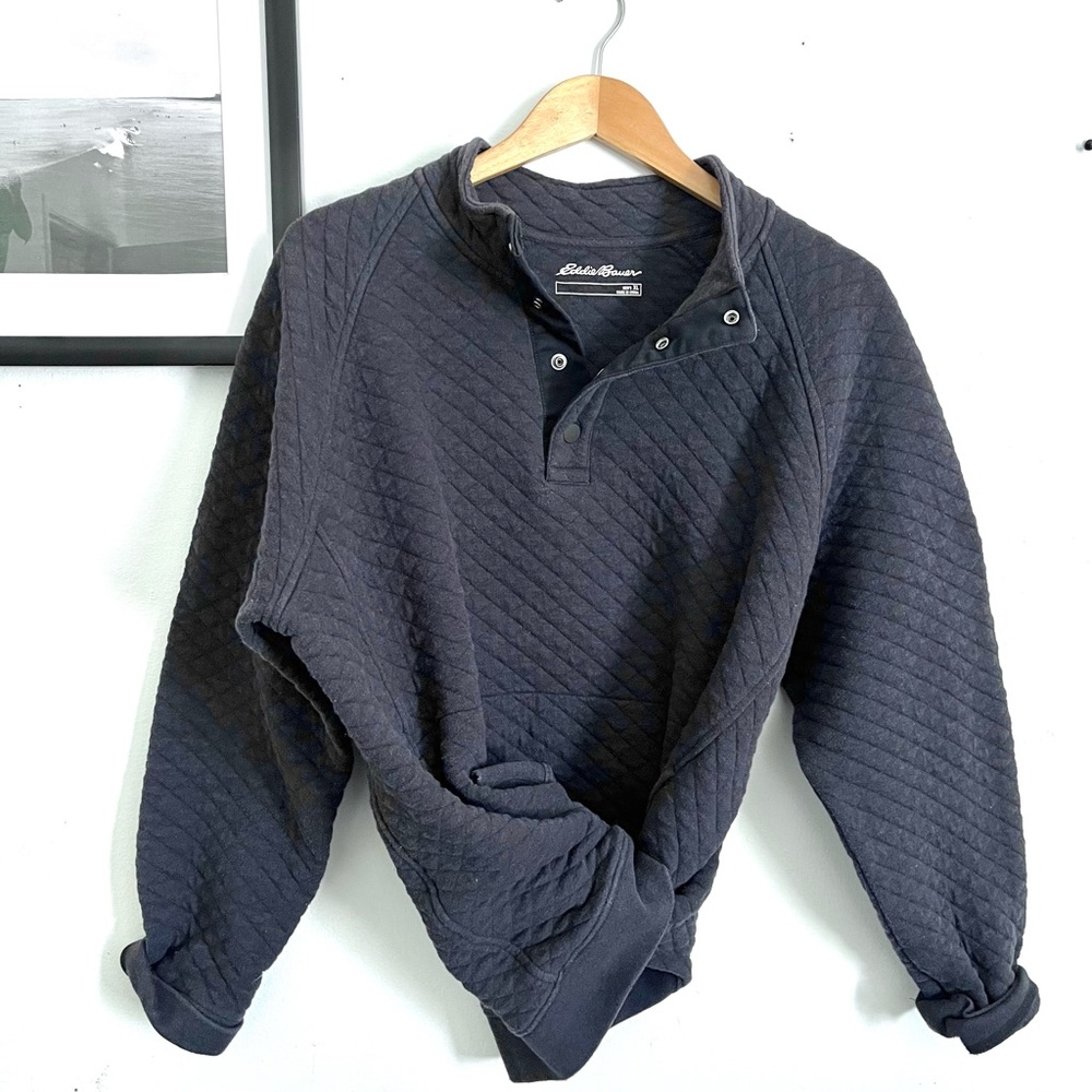 Eddie Bauer Navy Quilted Half Snap Collared Sweatshirt w/ Pockets